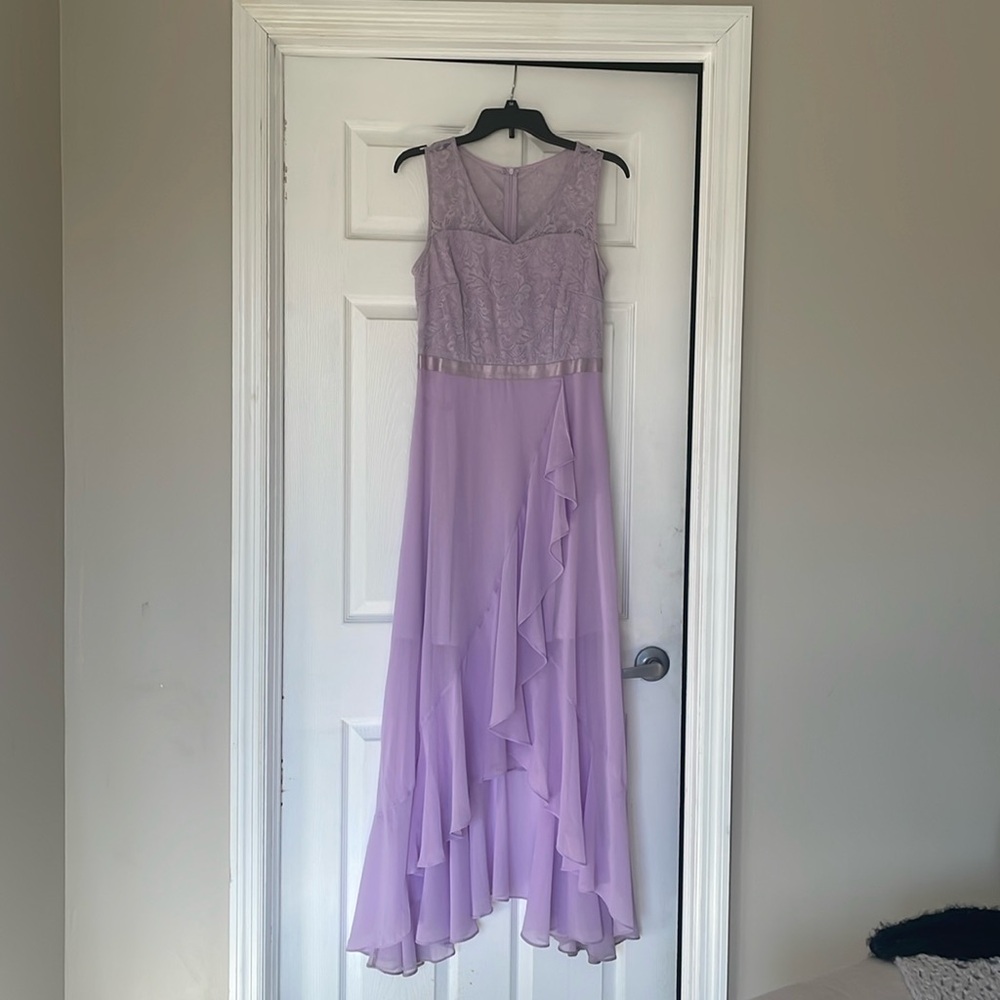 Formal, floor length lavender dress